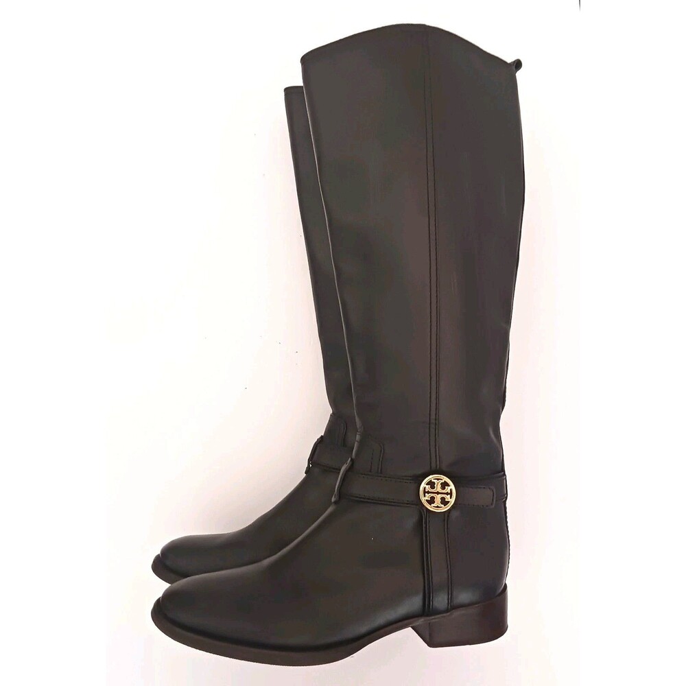 Tory Burch Bristol Blk Leather Riding Boot Gold Logo Harness Wrap w Dustbag 7M